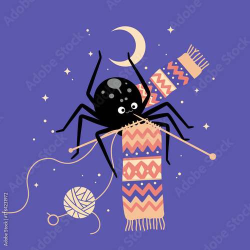 A charming black spider finds joy in knitting a long, colorful patterned scarf under the gentle glow of a crescent moon and stars