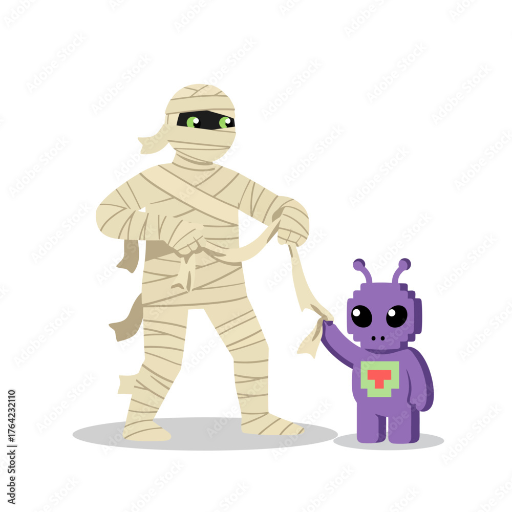 Fototapeta premium Mummy and Alien A Whimsical Halloween Encounter in Digital Art