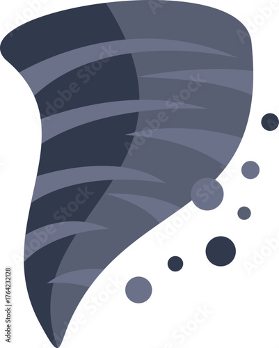 This vector illustration shows a dark grey tornado rotating with debris flying around, a concept of natural disaster
