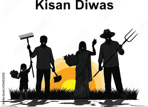 Silhouette of family farmers working in field at sunset, kisan diwas theme