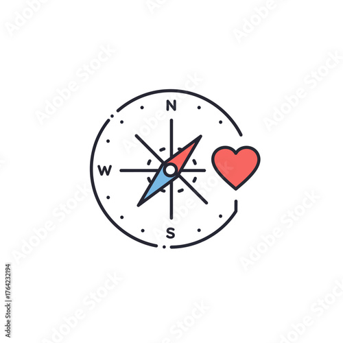 Navigational Compass with Heart Icon Symbolizing Love and Direction in Life