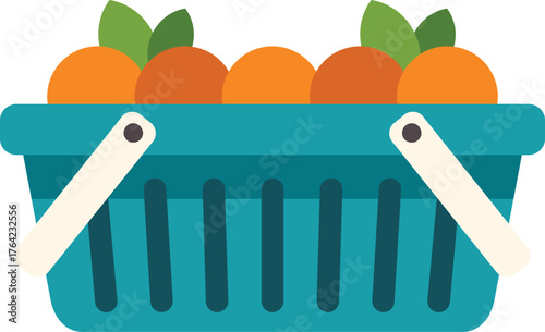 Plastic shopping basket full of ripe oranges with leaves, representing grocery shopping and healthy eating