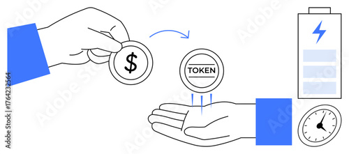 Hand exchanging dollar for token emphasizes digital currency and transaction. Includes battery and clock icons. Ideal for finance, cryptocurrency, energy, time management, economy, trade