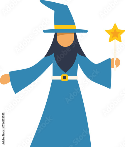 Cartoon wizard wearing blue clothes and hat, holding a magic wand with a star