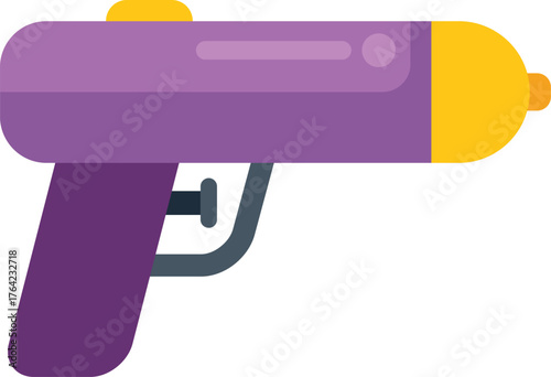 Cartoon water pistol with purple body and yellow water tank, isolated on white background