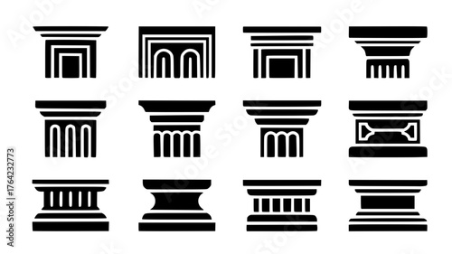 Baseboard Molding and Column Base Icons Set — Architectural Style Variations in Black Silhouette Vector Illustration