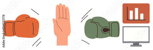 Boxing gloves paused by a raised hand, with bar chart and computer screen implying data-driven mediation. Ideal for teamwork, decision-making, negotiation, balance, leadership, problem-solving