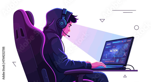 Online Gamer in Action, Focused on Screen with Modern Tech and Gaming Rig
