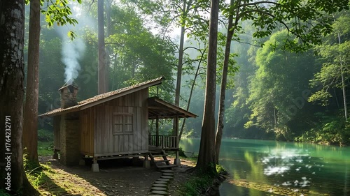 Tranquil Wooden Cabin Beside a Clear River in a Lush Green Forest seemless looping animation 4k quality video 
