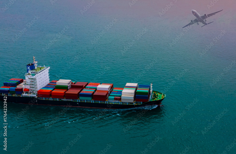 Fototapeta premium Aerial top view of Business trip with ship the partner connection Container Cargo freight ship for Import Export