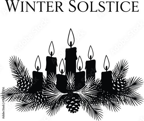 Winter solstice candles with pine branches and snowflakes isolated on white background