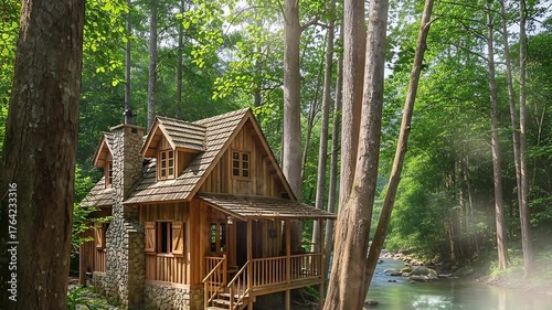 Rustic Wooden Cabin with Stone Chimney by the Forest River seemless looping animation 4k quality video 
