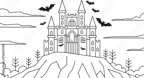 Spooky castle with flying bats and clouds vector