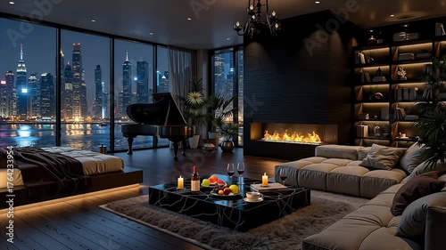 A sophisticated and dark luxury apartment with a modern fireplace, grand piano, and an illuminated bookshelf. The large window offers a beautiful view of the city at night.