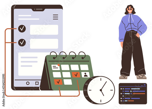 Large smartphone with task interface, calendar with checkmarks, clock, code snippet, and woman in casual wear. Ideal for organization, scheduling, productivity, efficiency workflow work-life