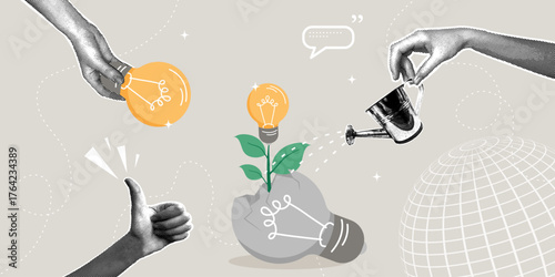 Development, ideas, growth, innovation, and collaboration. A trendy halftone collage. Conceptualizing failures, aspirations, and efforts to innovate, learning from mistakes, information,and motivation