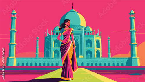 Beautiful Indian Woman With Taj Mahal Building Illustrator Artwork Banner Background Design Template 