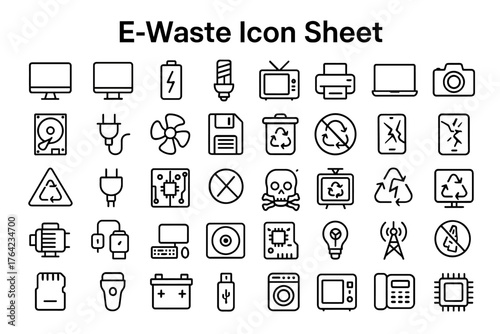 E-Waste Icons: A comprehensive collection of iconic representations of electronic waste, highlighting a range of discarded items, symbolizing the need for responsible disposal.