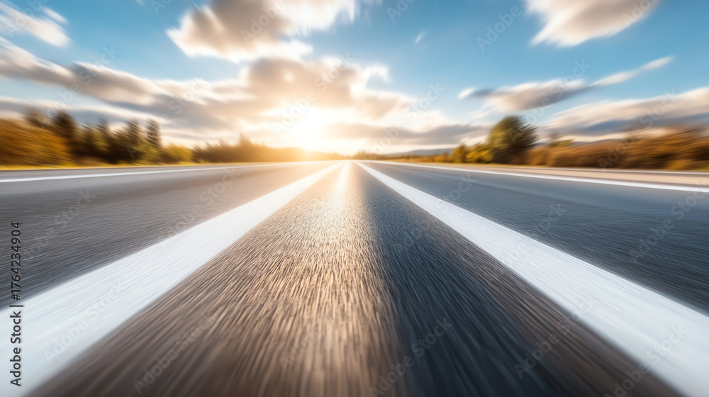 Naklejka premium A scenic view of a stretching road under a vibrant sky, perfect for themes of journey, adventure, and freedom in travel.