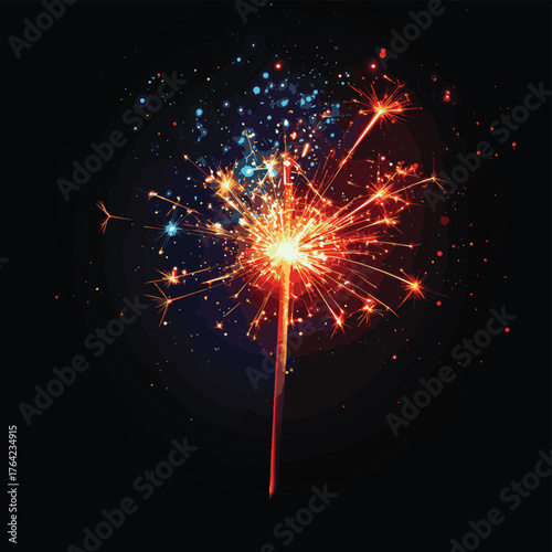 Abstract depiction of a sparkler ignition with bright sparks and dynamic motion, isolated.   , vector style simple color