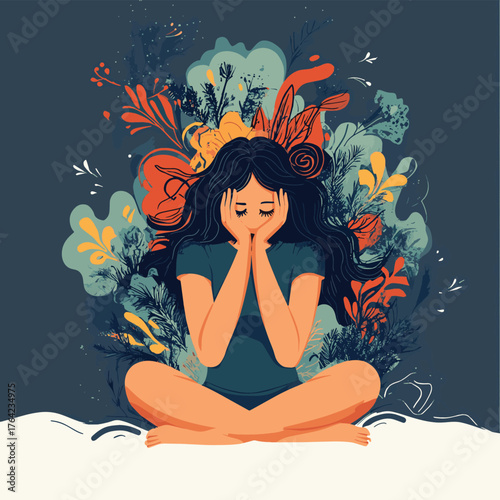 Anxiety mental health condition and bad emotional state of woman in chaos of thoughts vector illustration   , vector style simple color