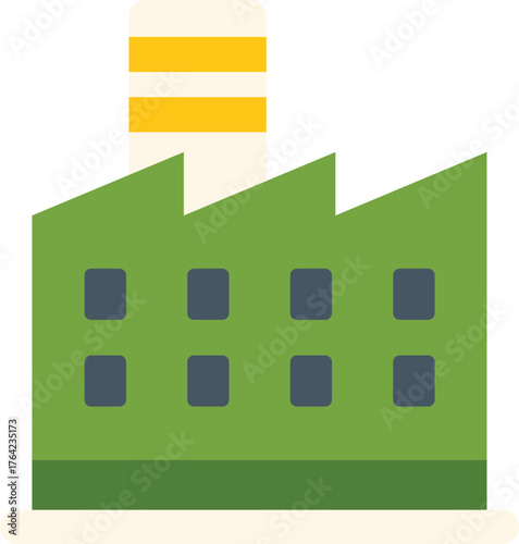 Green factory building with smokestacks, symbolizing industrial production, manufacturing processes, and economic activity