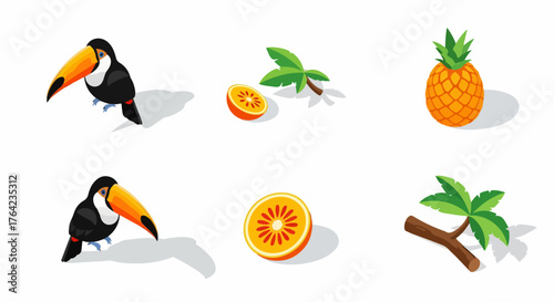 Isometric tropical summer icons set with toucan bird, pineapple fruit, palm leaves, and orange slices, isolated on a white background.