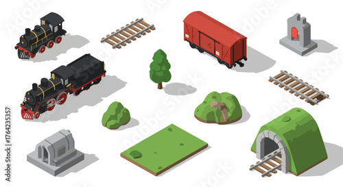 Isometric low poly railway construction kit with trains, tracks, tunnel, freight car, and nature elements on white background.