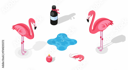 Isometric illustration of pink flamingos, a wine bottle with a ribbon, shrimp, and blue water elements, symbolizing luxury and tropical summer.