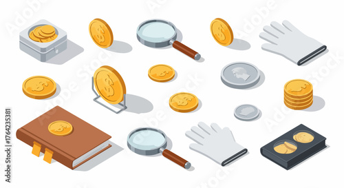 Isometric set of numismatics tools and collection items: gold and silver coins, magnifying glasses, protective gloves, and coin storage albums.