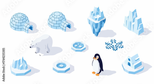 Isometric set of Arctic and Antarctic icons including igloo, polar bear, penguin, and icebergs, isolated on white.