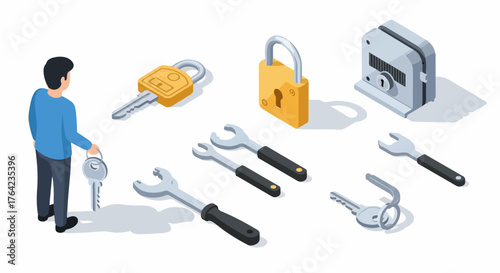 Isometric illustration of a locksmith or repairman concept, featuring a person holding keys, various security locks, keys, and spanner tools.