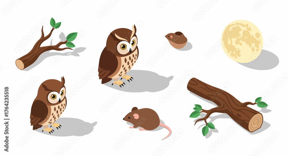 Fototapeta premium Cute isometric forest elements set: owls, mouse, wood branches, and full moon vector illustrations.