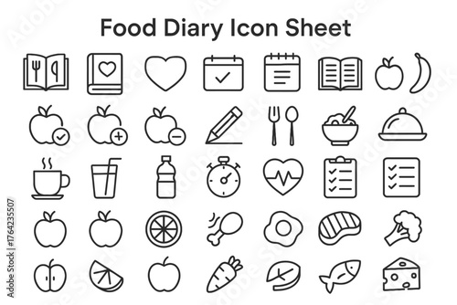 Healthy Eating Icon Collection: A comprehensive collection of meticulously crafted, photorealistic, simple, clean icons, perfect for food diary or diet tracking applications.