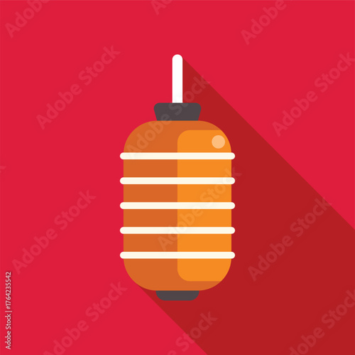 Cylindrical orange chinese paper lantern hanging with long shadow against red background, celebrating lunar new year