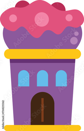 Charming candy house with pink icing and purple walls stands out against a white background, evoking a sweet, dreamlike atmosphere