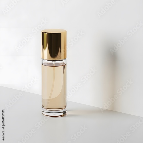 Elegant perfume bottle with gold cap on minimalistic background