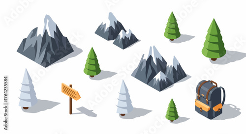 Isometric Hiking and Camping Elements Set: Mountains, Pine Trees, Signpost, and Backpack Isolated on White Background.