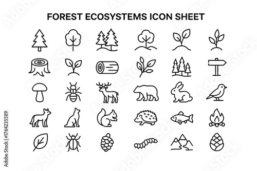 Forest Ecosystems Icons: A comprehensive icon sheet showcasing a variety of forest elements, perfect for illustrating environmental concepts and nature-related designs.