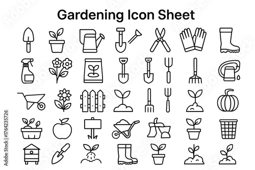 Gardening Icons Sheet: A comprehensive icon sheet showcasing essential gardening tools and elements, designed with clean lines and a modern aesthetic, ready for various applications.