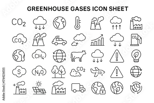 Greenhouse Gases Icons: An array of minimalist icons represents greenhouse gases and their impact on environment, illustrating concepts related to environmental issues and climate change.