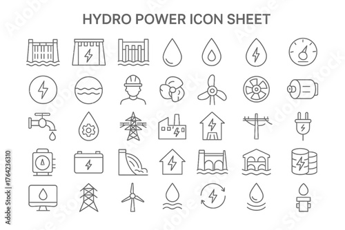 Hydro Power Icon Sheet: A comprehensive set of clean line icons related to hydroelectric power, the image showcases various elements such as dams, water drops, turbines, and electrical symbols.