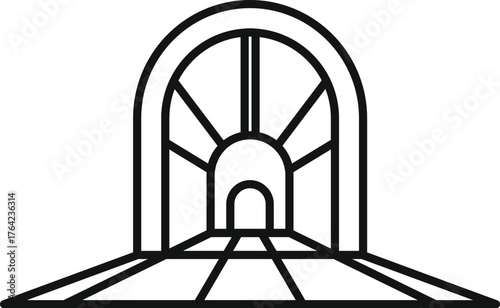 Minimalist line art depicting a round tunnel entrance featuring a metal grid and a perspective floor leading towards a bright light at the end