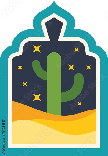 Minimalist vector illustration representing a desert cactus at night inside an arabian style window frame