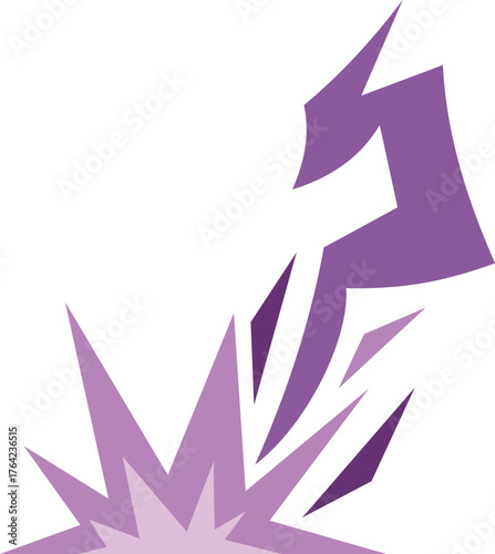 Purple lightning bolt striking and exploding with flash on white background