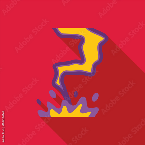 Yellow and purple lightning bolt hitting ground and splashing liquid with long shadow on red background, representing electricity, power, and impact