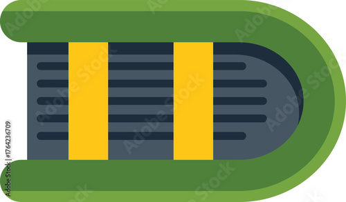 Green inflatable boat with yellow stripes, floating on water, seen from above