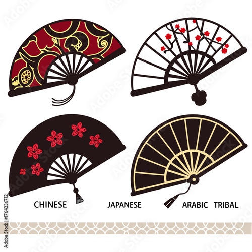 Collection of four different hand fans with various designs