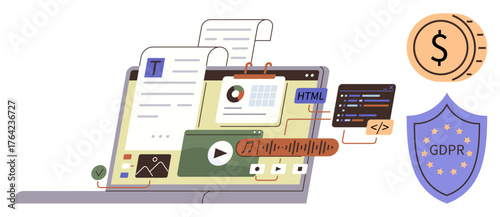 Laptop displaying content creation tools, coding scripts, analytics, and GDPR shield. Ideal for content development, coding, analytics, compliance, monetization web design cybersecurity simple flat