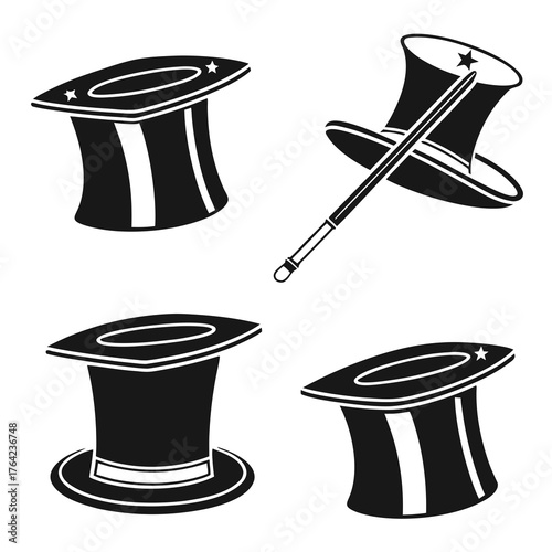 Collection of magicians hats and a wand